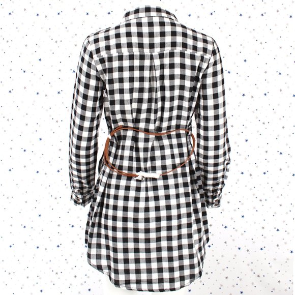 Plaid Shirt Dress with Belt White Black Small - Picture 6 of 8